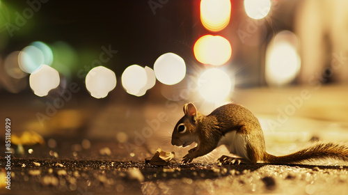 Squirrel Foraging at Night on City Street with Bokeh Lights in Background