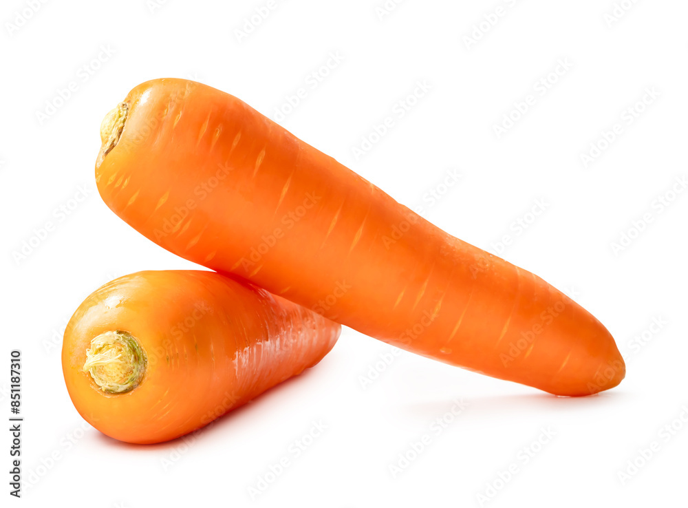 Side view of fresh orange carrots in stack is isolated on white background with clipping path Side view of fresh orange carrots in stack is isolated on white background with clipping path