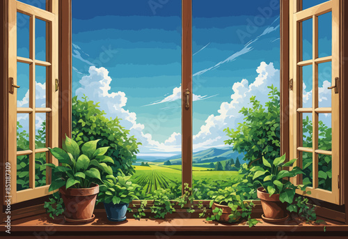 Vivid Window View: A Scenic Landscape with Flower Pots and Open Shutters