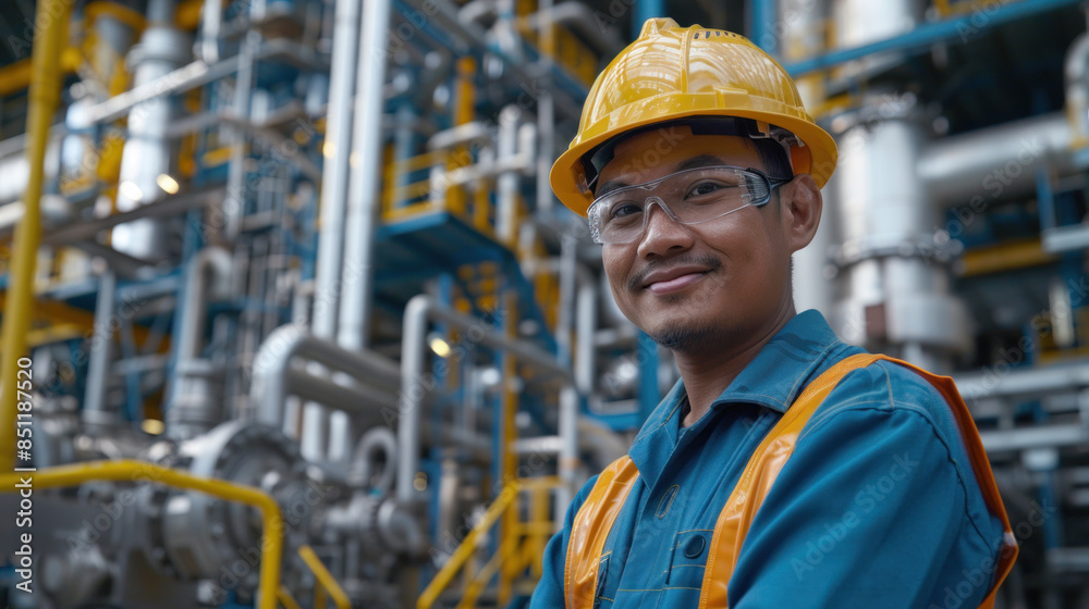 A man in a yellow helmet and safety vest stands in front of a large industrial plant. He is smiling and he is proud of his work A man in a yellow helmet and safety vest stands in front of a large industrial plant. He is smiling and he is proud of his work