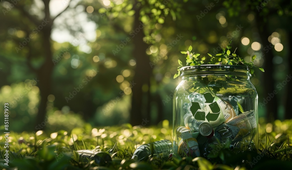A glass jar with a recycling symbol on it, professional photography, ecofriendly, green nature A glass jar with a recycling symbol on it, professional photography, ecofriendly, green nature