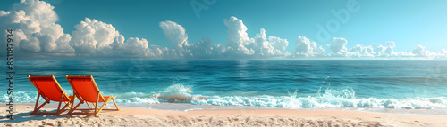 Two Orange Beach Chairs on a Sandy Shore Overlooking a Calm Ocean with Blue Sky and Puffy Clouds