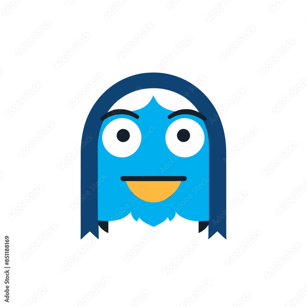 Stylized Character with Blue Hair and Yellow Mouth, Displaying a Surprised Expression Stylized Character with Blue Hair and Yellow Mouth, Displaying a Surprised Expression