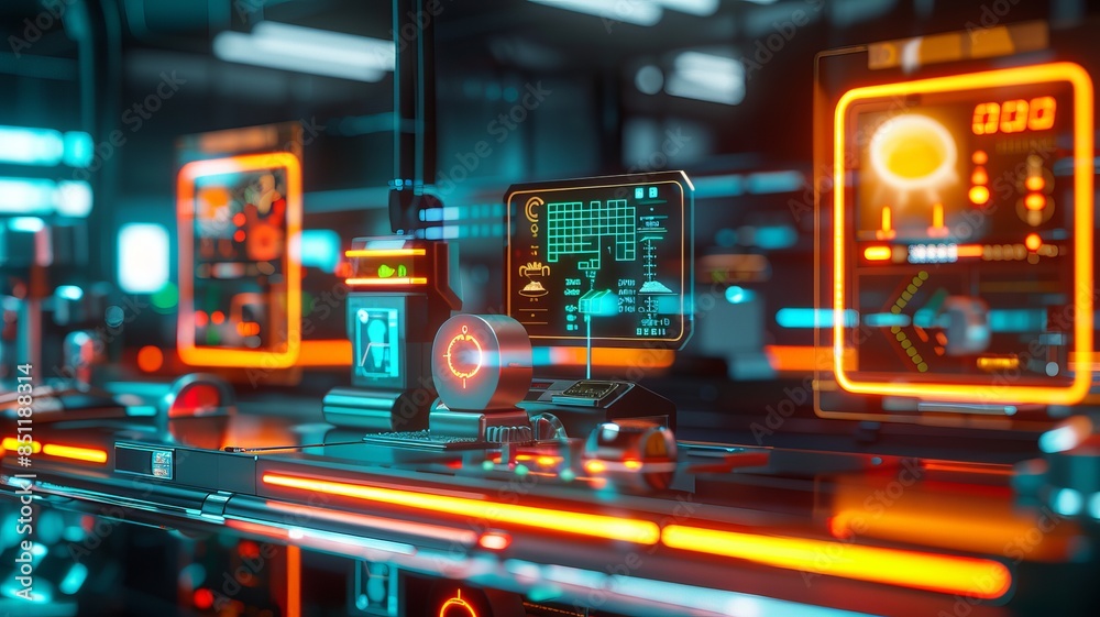 Futuristic technology interface in a high-tech lab with glowing screens and digital controls, showcasing advanced innovation and sci-fi themes. Futuristic technology interface in a high-tech lab with glowing screens and digital controls, showcasing advanced innovation and sci-fi themes.