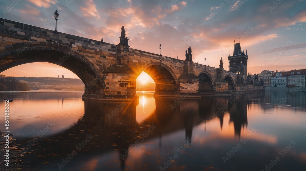 Fototapeta premium Historical stone bridge spanning across a calm river during a golden sunset with glowing warm light reflecting on the peaceful water surface.