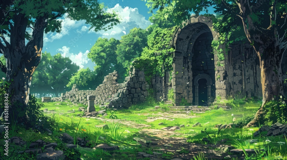 a serene fantasy landscape featuring tall trees and a blue sky with white clouds, featuring a stone archway and a large tree in the foreground a serene fantasy landscape featuring tall trees and a blue sky with white clouds, featuring a stone archway and a large tree in the foreground