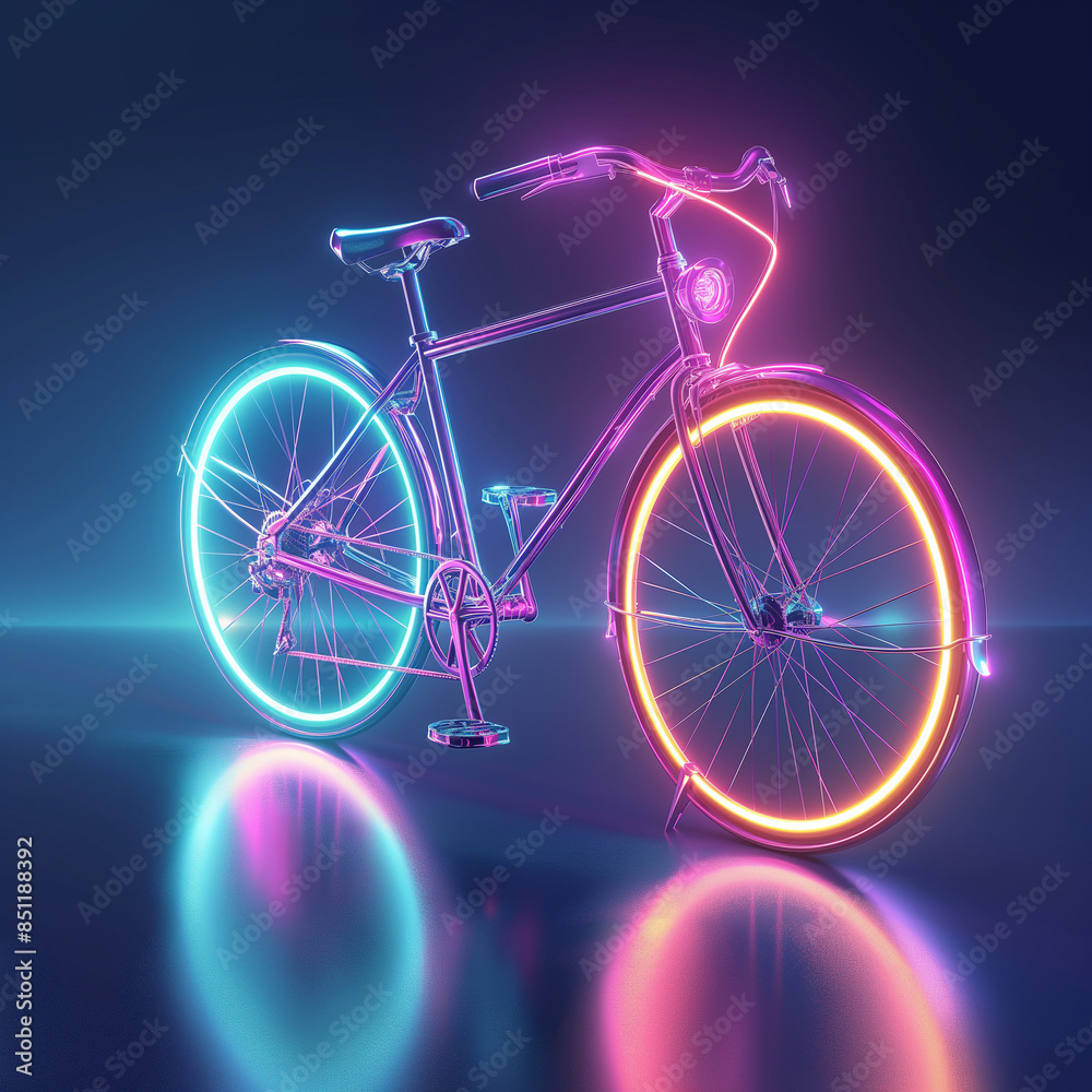 Fototapeta premium A dazzling neon bicycle glowing with vibrant pink and blue lights, featuring a modern and sleek design