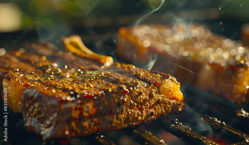 Delicious looking steak grilling, food photography, closeup shot Delicious looking steak grilling, food photography, closeup shot