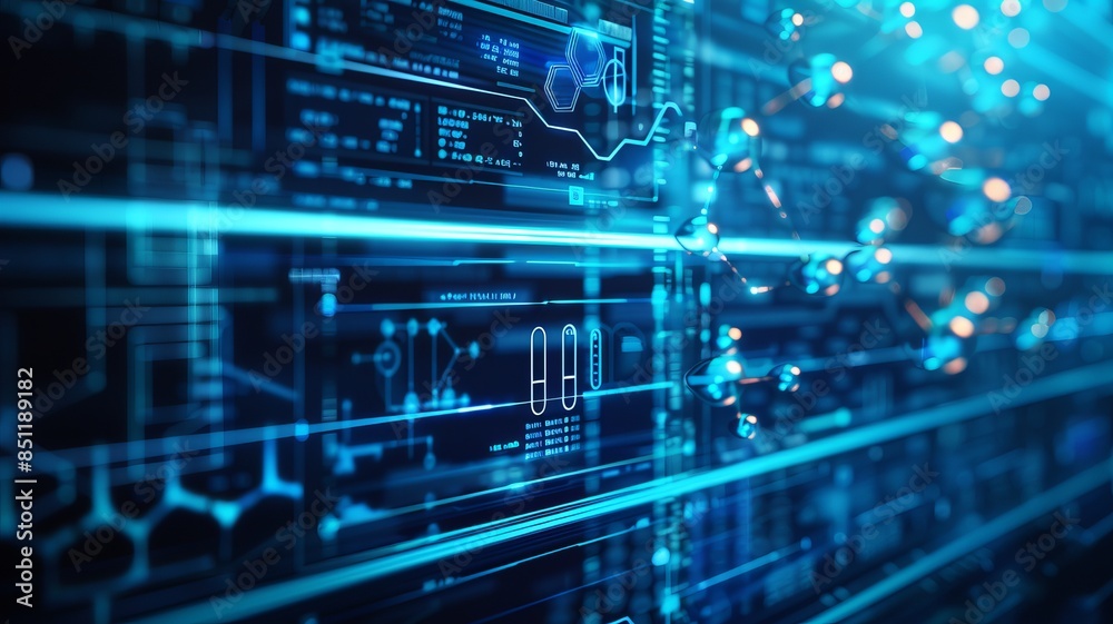 Futuristic data server room with digital blue lights and intricate network connections, representing advanced technology and data storage. Futuristic data server room with digital blue lights and intricate network connections, representing advanced technology and data storage.