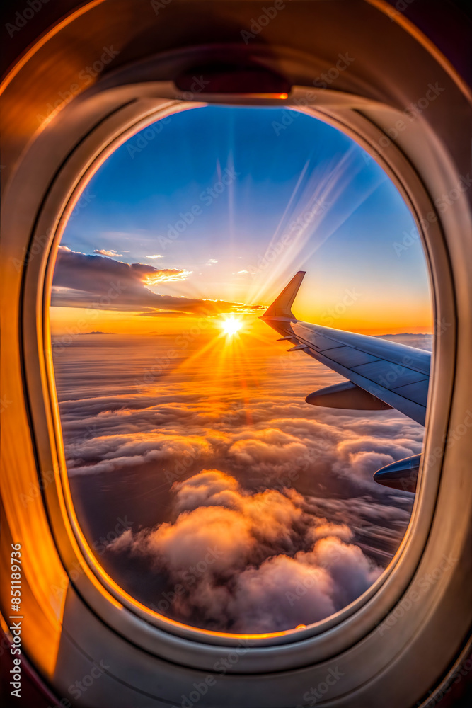 Plane wing with stunning sunset above clouds Plane wing with stunning sunset above clouds