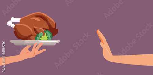 Person Refusing a Full Meal Vector Cartoon Illustration. Vegetarian person saying no to meat dish 
