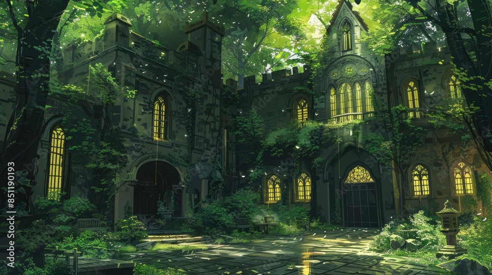 an old building with arched and yellow windows stands amidst a forest, with a black door in the foreground an old building with arched and yellow windows stands amidst a forest, with a black door in the foreground