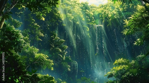 a serene forest scene featuring a lush green tree in the foreground, with a tranquil body of water in the background