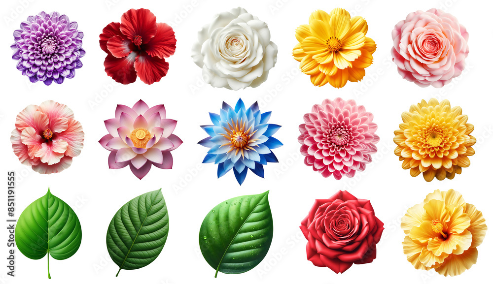 Set of different flowers and leaves isolated on transparent background PNG Image, Rose, lotus, water lily Set of different flowers and leaves isolated on transparent background PNG Image, Rose, lotus, water lily