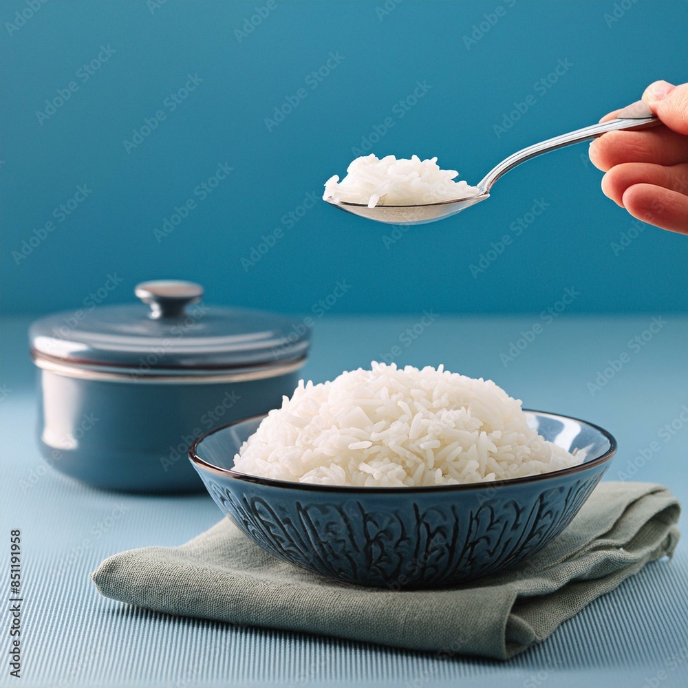 Fotografie Boiled cooked white Basmati rice on blue background