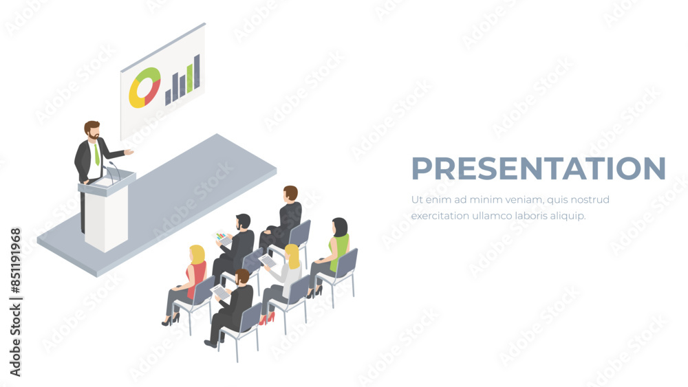 Business meeting in an office. Business presentation meeting in conference hall. People listen to speakers. 3D illustration. Business meeting in an office. Business presentation meeting in conference hall. People listen to speakers. 3D illustration.