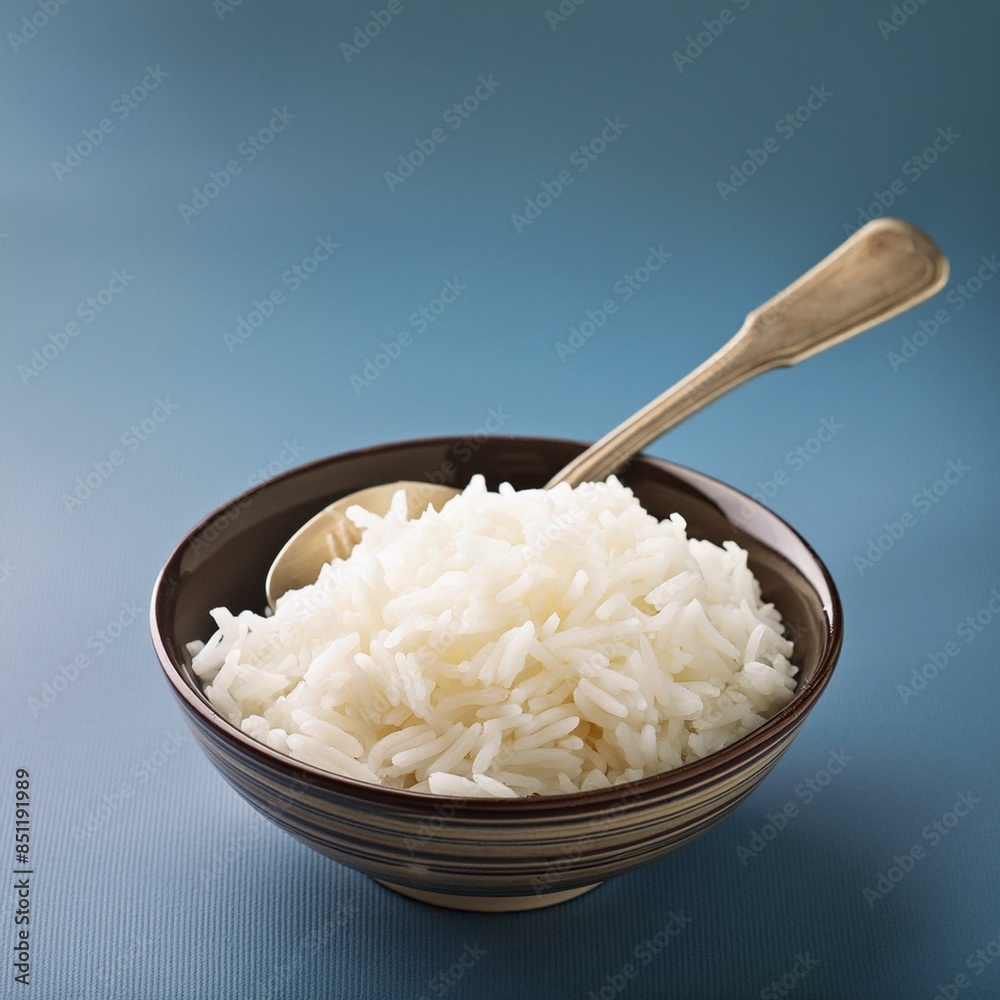 Fotografie Boiled cooked white Basmati rice on blue background