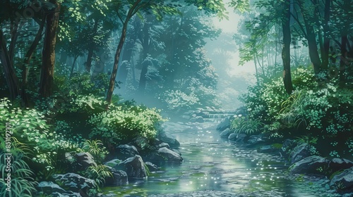 a serene forest river surrounded by lush green trees