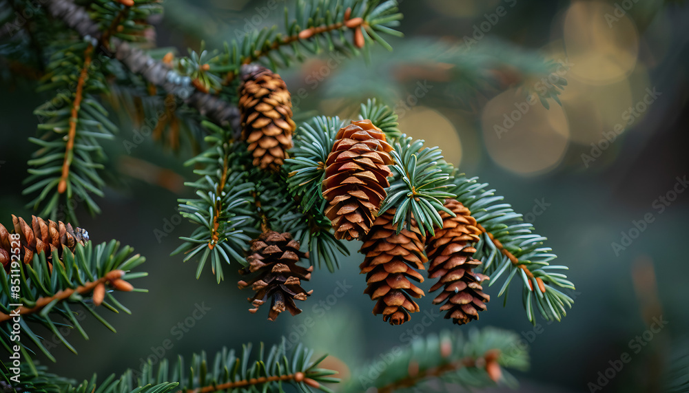 Images of pine needles and pine cones in the wild, nature, wild, plants, trees, pine trees, leaves, pine cones, green, brown, AI-generated.
