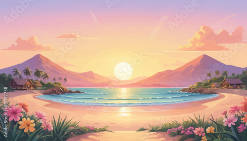 a painting of a tropical beach with a sunset
