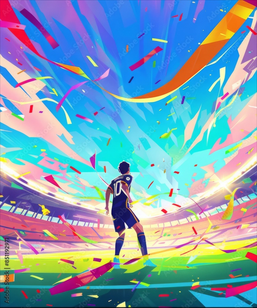 Flat Style Illustration of a Football Player Preparing to Shoot Inside a Stadium on a Sunny Day with Clear Blue Sky, Capturing the Excitement of the European Cup