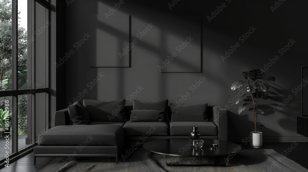 Minimal living room animation with black tones. 3D illustration rendering. Minimal living room animation with black tones. 3D illustration rendering.