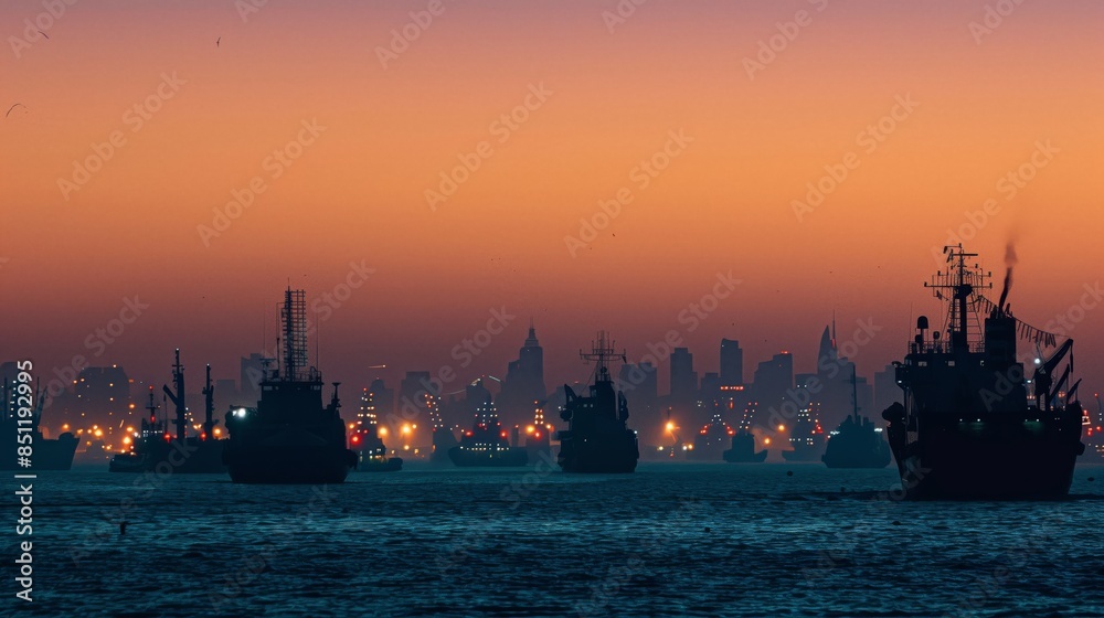 A harbor with ships silhouetted against the twinkling city skyline, creating a captivating view. A harbor with ships silhouetted against the twinkling city skyline, creating a captivating view.