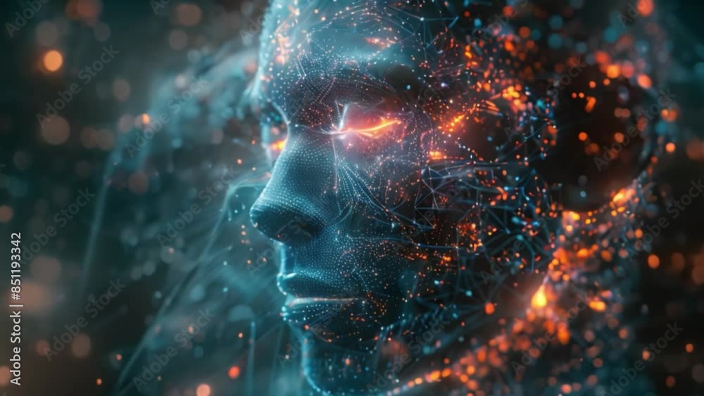 A holographic representation of a human head, rendered in blue and orange hues, with a network of lines and dots forming the image. A holographic representation of a human head, rendered in blue and orange hues, with a network of lines and dots forming the image.