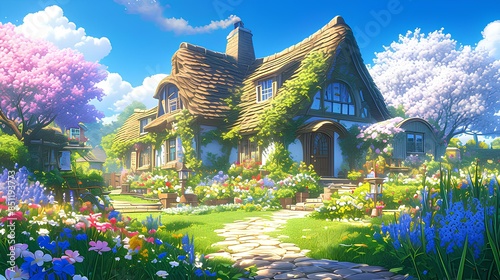 Garden Background. Colorful flowers, neatly trimmed hedges, and a quaint cottage. Charming cottage garden. photo