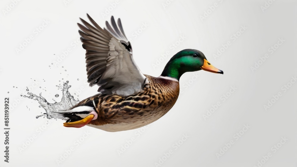 A flying mallard duck isolated on a white background, showcasing its wings spread in mid flight A flying mallard duck isolated on a white background, showcasing its wings spread in mid flight
