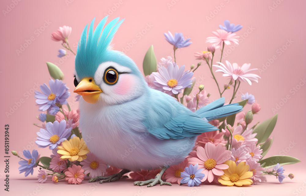 Obraz premium a cute bird animal personification 3d art background with flowers,pastel