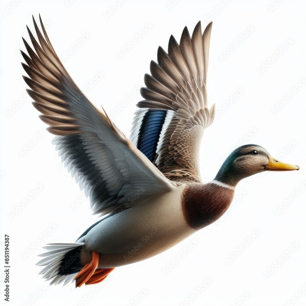 A flying mallard duck isolated on a white background, showcasing its wings spread in mid-flight A flying mallard duck isolated on a white background, showcasing its wings spread in mid-flight