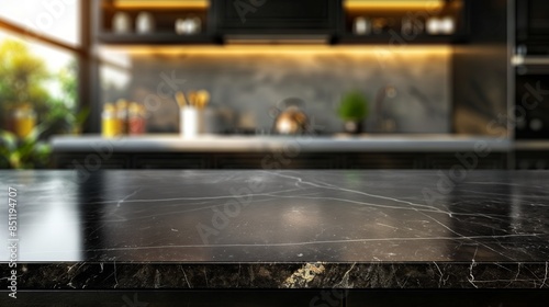 empty beautiful black marble table top counter and blur bokeh modern kitchen interior background in clean and bright.