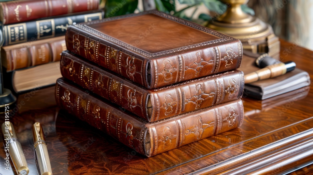 Stack of Antique Leather Bound Books on a Wooden Desk. Stack of Antique Leather Bound Books on a Wooden Desk.