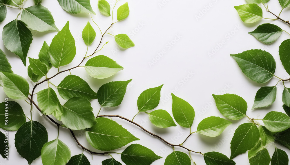 Obraz premium Green leaves and vines with white background, minimal style with text space