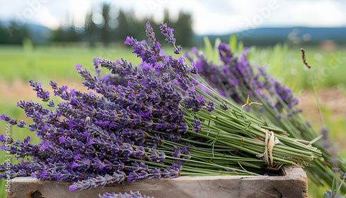 Images of lavender bouquets harvested on a farm, crops, agriculture, flowers, lavender, plants, health, farm, business, daytime, sunlight, outdoor, AI-generated.