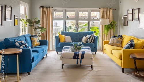 comfortable room, beautiful, white, contemporary, modern, furniture, decor, table, windows, design, house, home, yellow, blue