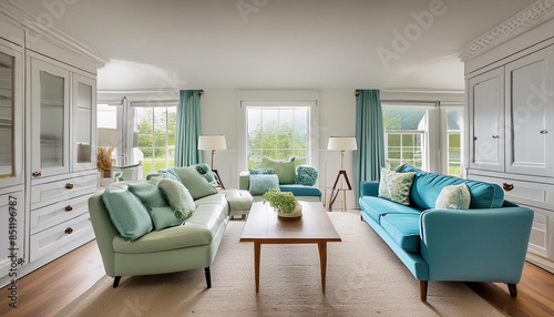 comfortable living family room, beautiful, contemporary, modern, furniture, decor, table, windows, design, house, home, white, blue