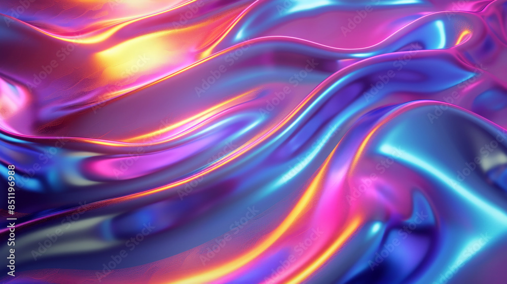 3D render of colorful neon waves on a metallic holographic liquid metal background with a fluid wave design and metallic color gradients creating a flowing fabric effect 3D render of colorful neon waves on a metallic holographic liquid metal background with a fluid wave design and metallic color gradients creating a flowing fabric effect