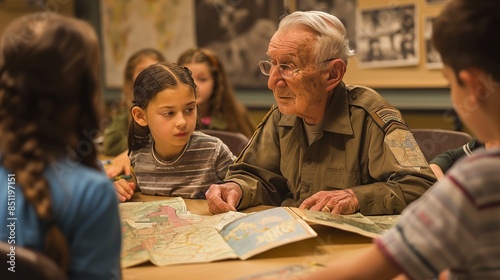 An elderly veteran teaches history with maps and vintage photos, captivating and engaging young students.