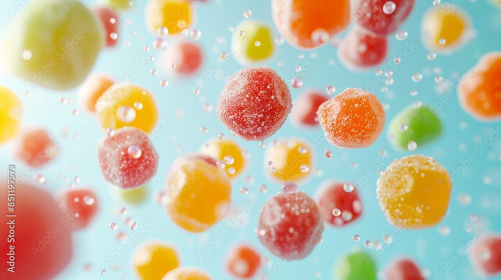 Gummy Candy Falling In Blue Background