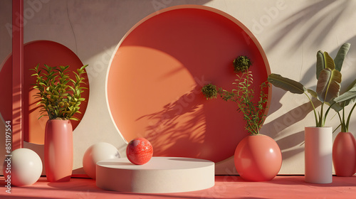 3D scene abstract geometry vase and ball with sunlight and red background photo