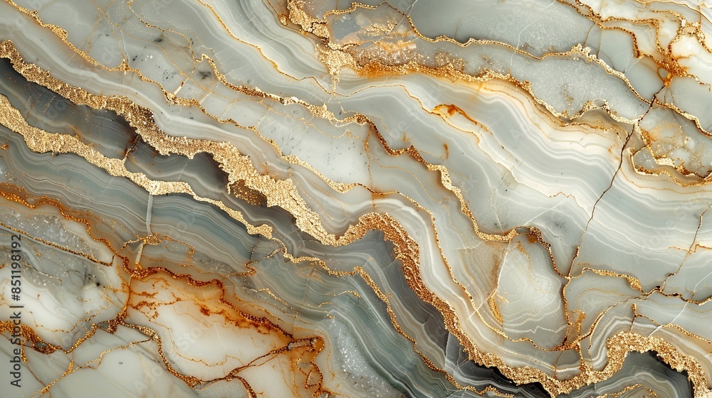 A detailed view of a high-quality marble surface with a complex vein pattern in shades of beige and gold, exuding a sense of timeless elegance and opulence. Abstract Backgrounds Illustration,