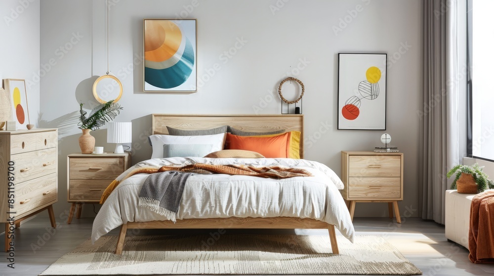 Obraz premium Modern Bedroom Interior with Wooden Furniture and Abstract Art