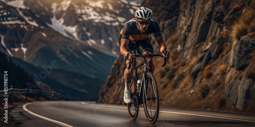 Cyclist riding on mountain road at sunset. Tour de France, bicycle race