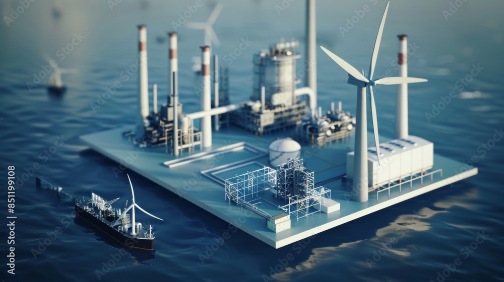 The image depicts an offshore industrial facility with multiple ...