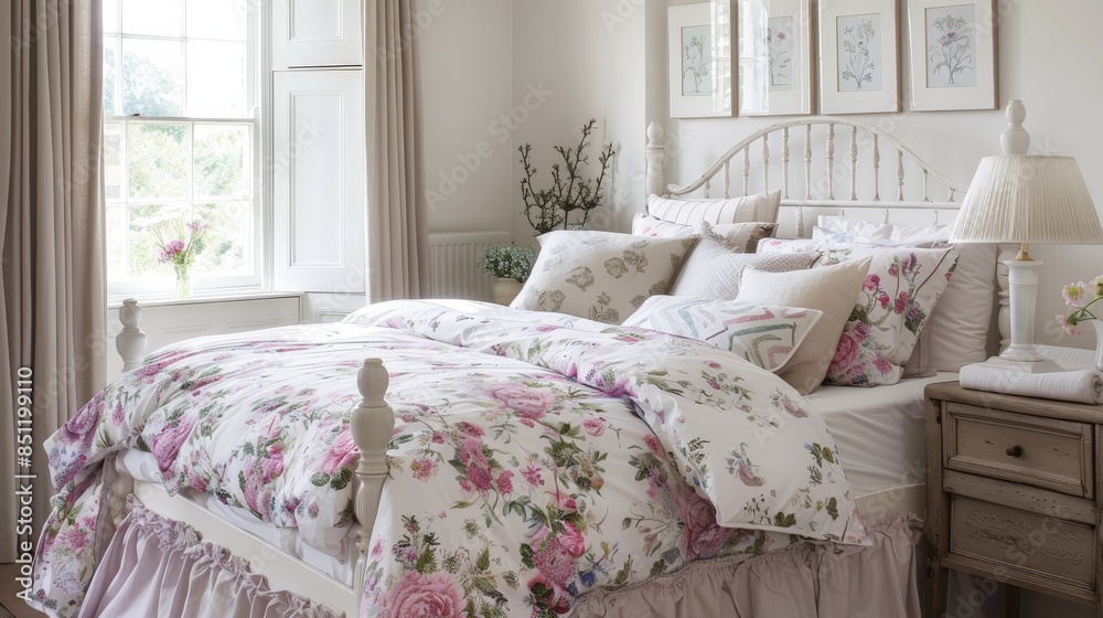 Elegant Floral Bedding in a White Bedroom