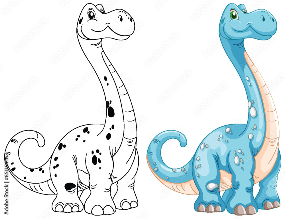 Cute dinosaur in color and outline versions Cute dinosaur in color and outline versions