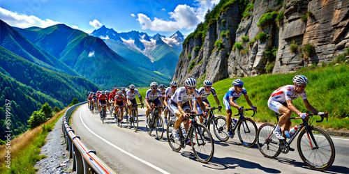 Group of cyclists racing in scenic mountain race. Tour de France, bicycle race