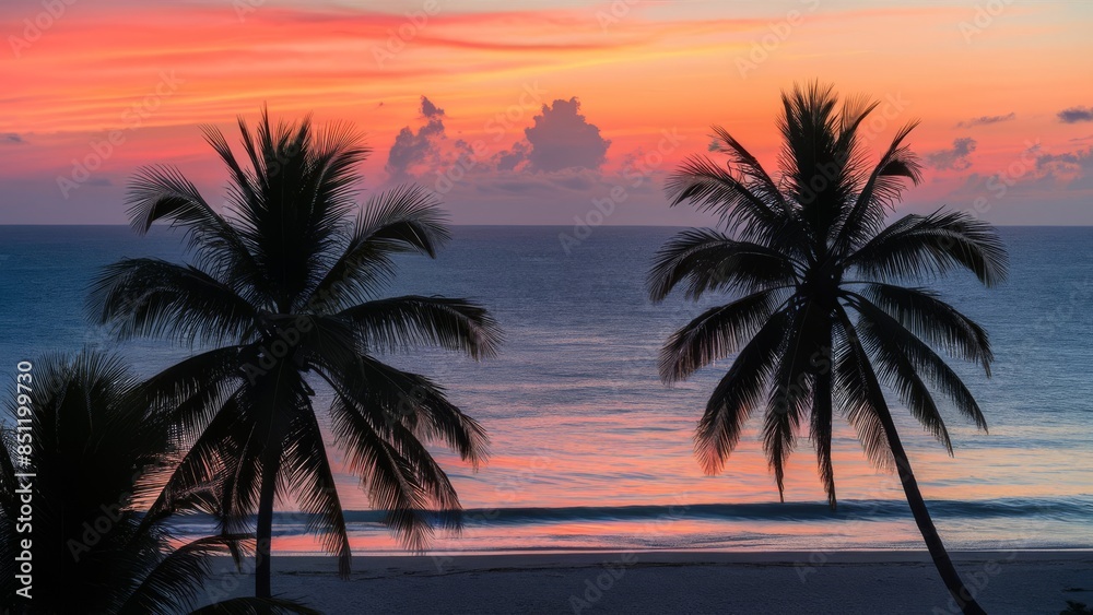 A serene beach at sunset with vibrant orange and pink hues reflecting off the calm ocean water, silhouetted palm trees in the foreground, and a clear sky with a few scattered clouds.